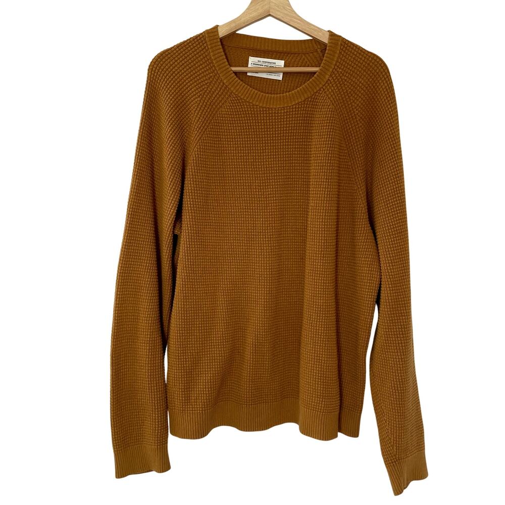 Rei co-op men's crewneck waffle knit pullover sweater mustard yellow L cotton